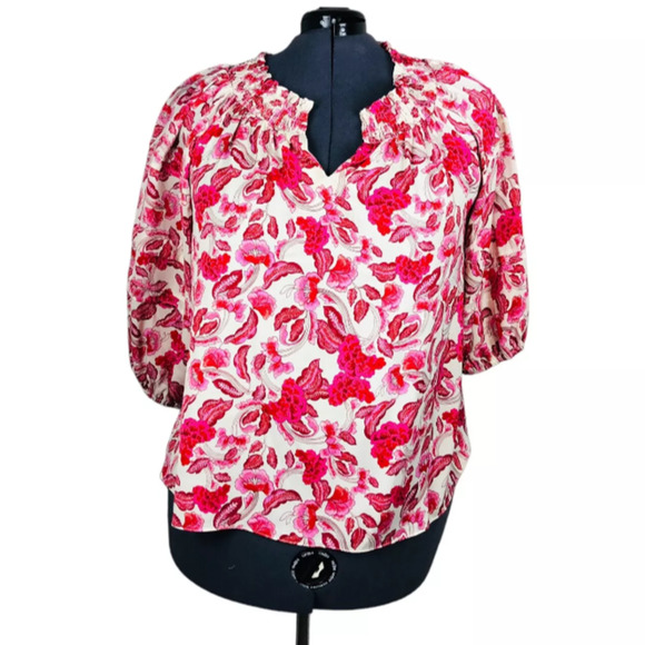 Rose + Olive Womens Floral Blouse 3/4 Balloon Sleeve Keyhole Neckline Red XL - Picture 1 of 7